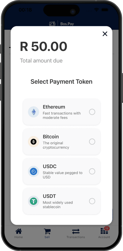 BOS.PAY crypto payment screen with USDC and USDT options