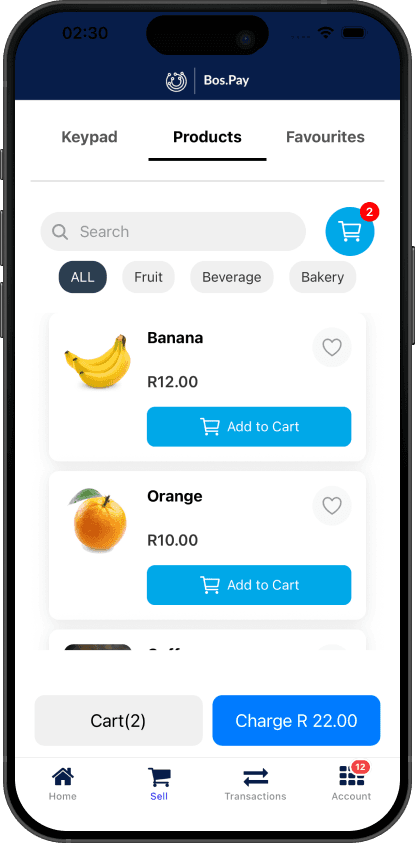 BOS.PAY app product catalogue with a cart and charge button